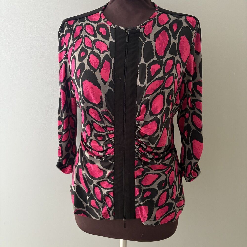 Joseph Ribkoff Pink and Black Animal Print Zip-Front Blouse